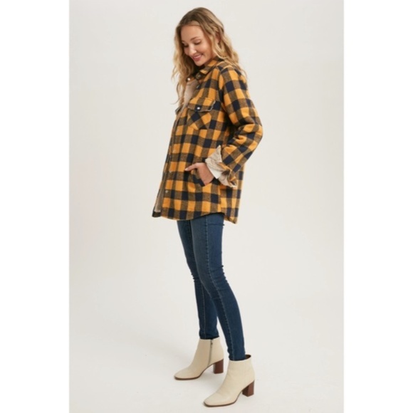 SOLD OUT Mustard Buffalo Plaid Sherpa Lined Shacket Shirt Jacket - Picture 6 of 6